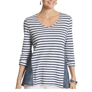 Chicos Women Shirt Size XL Blue Striped Coastal Preppy Mature Old Money Classic
